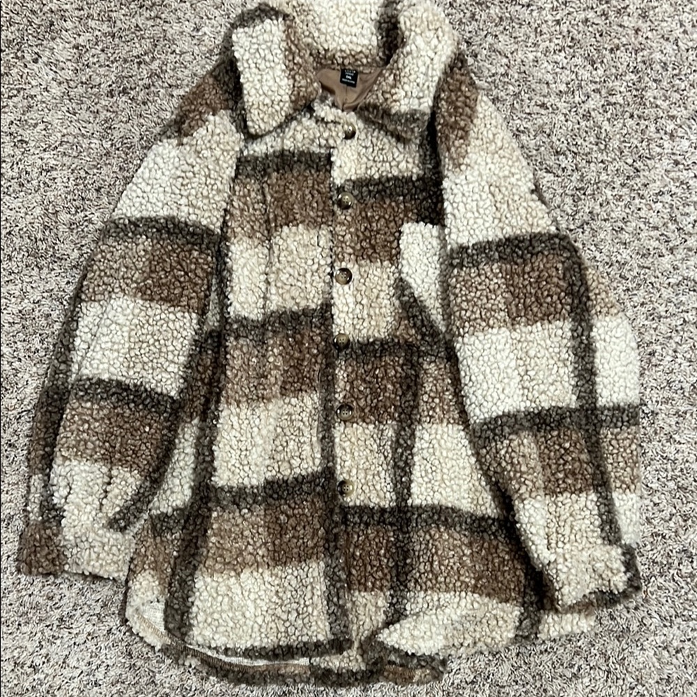SHEIN Plaid Teddy Jacket - Brown and Cream
